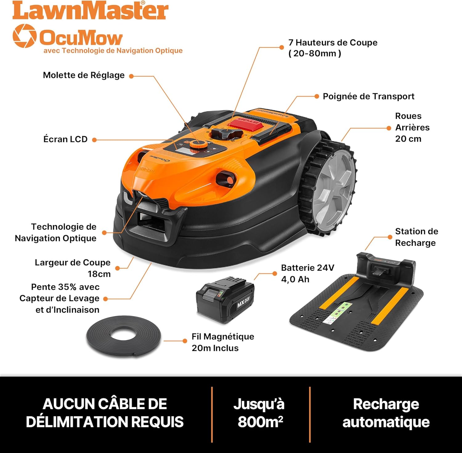 LawnMaster - OcuMow série 18 - 800㎡ - Navigation optique, 4Ah, évitement, charge auto - OcuMow®18