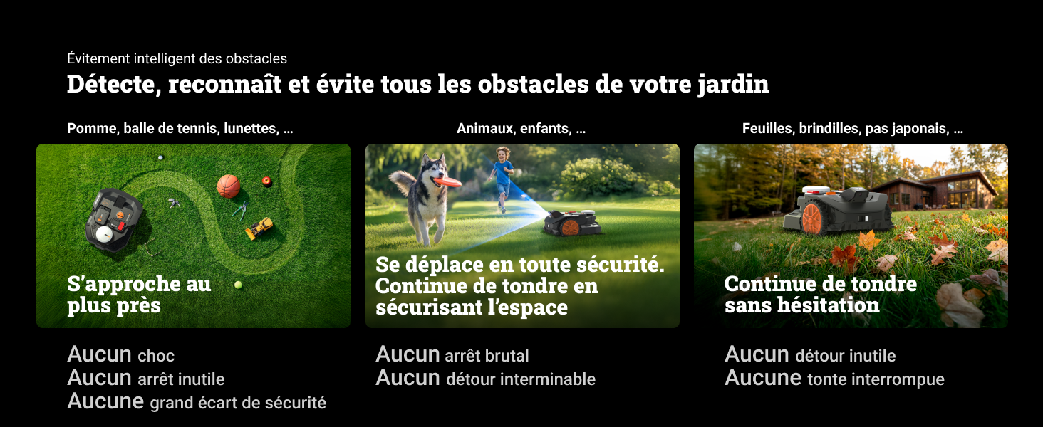 Le texte en français se lit comme suit : « Détectez, reconnaît et évite tous les obstacles de votre jardin ». Série de scènes extérieures montrant la technologie d'entretien des pelouses.
