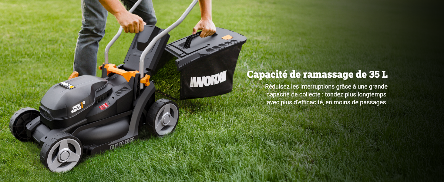 Le texte indique « Capacité de ramassage de 50 L ». La tondeuse à gazon électrique utilisée sur l'herbe verte présente une palette de couleurs noir et orange.