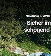 Le texte indique « Navimow i2 AWD » et « Sicher im schonend ». Série de photos de paysages extérieurs montrant une pelouse ou un jardin.