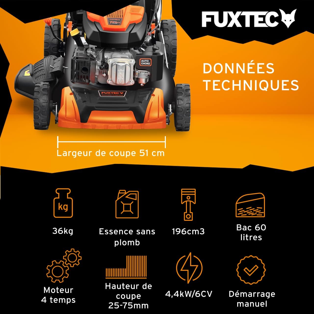 FUXTEC Tondeuse Thermique autotractée à Vitesse réglable FX-RM5196PRO, Largeur de Coupe 51 cm et Moteur autopropulsé 196cm3 GT Variable, Bac de ramassage 60L