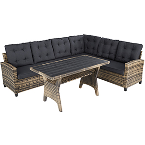 avec coussins foncés. Comprend un siège en L et une table basse assortie. Idéal pour se détendre sur la terrasse ou dans le jardin.