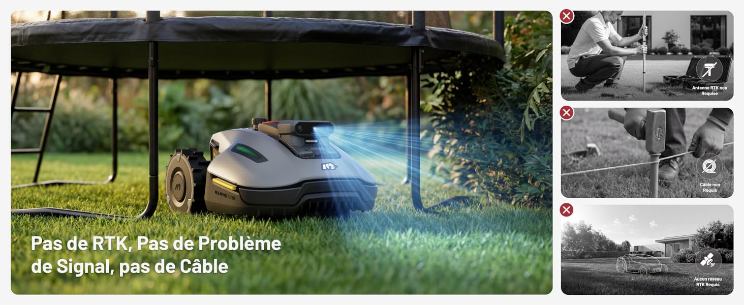 Le texte se lit comme suit : « Pas de RT0 - Pas de Problème de signal - pas de Câble ». Tondeuse à gazon robotique sous auvent pulvérisant de l'eau sur l'herbe, avec des photos en médaillé montrant les détails de l'appareil et des scènes extérieures.