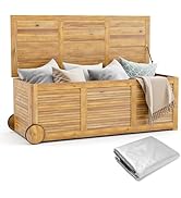 HOMASIS Coffre de jardin 182 L avec roulettes en bois d'acacacia avec poche intérieure étanche...