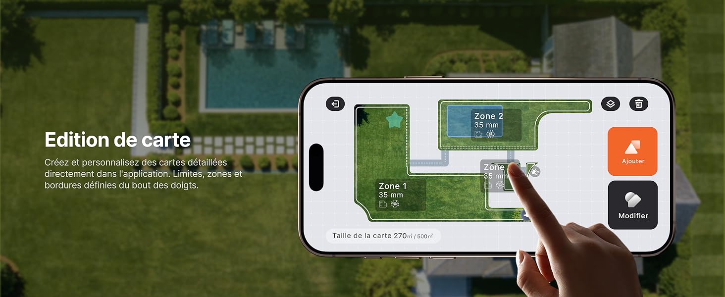 Le texte se lit comme suit : « Edition de carte ». Interface d'application mobile affichant une vue aérienne d'un terrain de sport ou d'un court avec des commandes de navigation et des options d'édition.