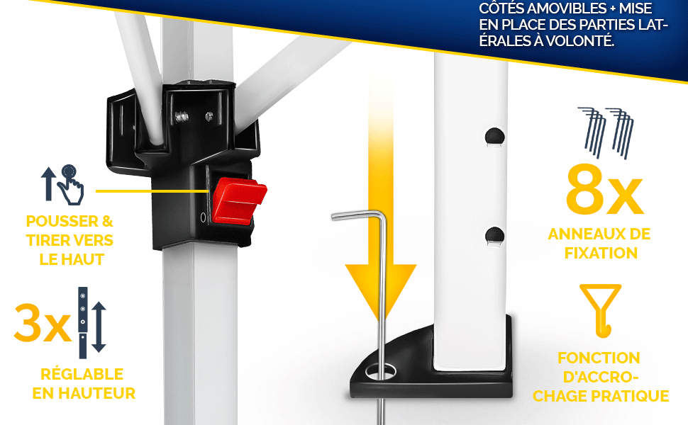 Schéma des pieds de table réglables avec côtés mobiles, 3 composants réglables en hauteur, 8 anneaux de fixation et une fonction d'accrochage pratique. Comprend un mécanisme push-up et des instructions d'installation