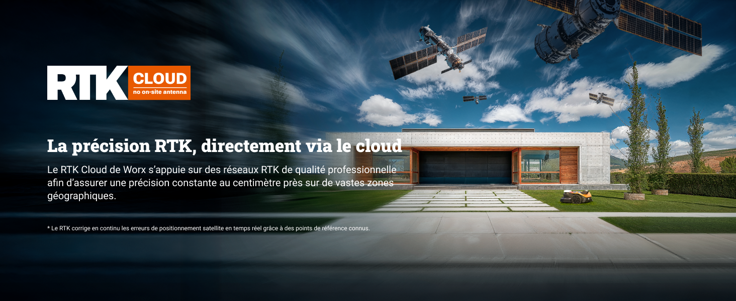 Le texte se lit comme suit : « RTK GNSS, La précision RTK, directement via le cloud ». Image aérienne du bâtiment avec superposition de texte en français.