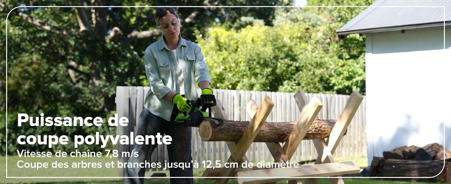 Le texte indique « Puissance de coupe polyvalente ». Bannière marketing montrant des scènes de jardins extérieurs avec de l'équipement de pelouse utilisé pour tailler et entretenir l'aménagement paysager.