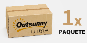 Le texte indique « Outsunny » et « PAQUETTE ». Emballage ou boîte en bois représenté sous différents angles sur fond blanc.