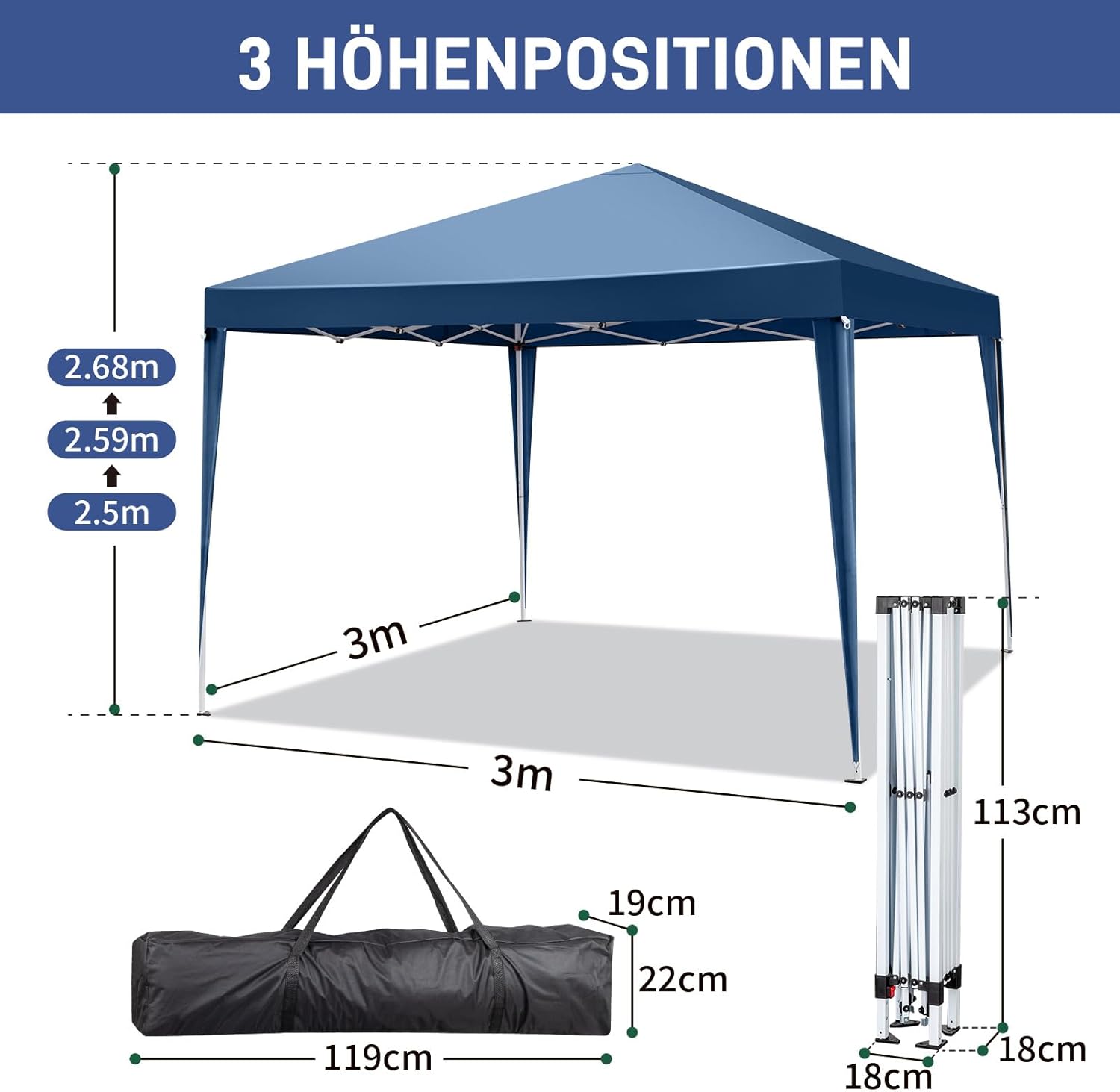 LEADZM - tonnelle pliante série pop-up - 3x3m - imperméable, UV 50+, 4 côtés, acier, hauteur réglable