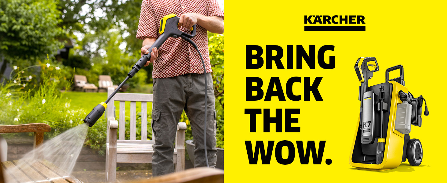 Le texte se lit comme suit : « KÄRCHER », « RAMENER », « RETOUR », « WOW ». Images de campagnes marketing montrant des activités de nettoyage en extérieur avec des nettoyeurs haute pression dans le jardin.