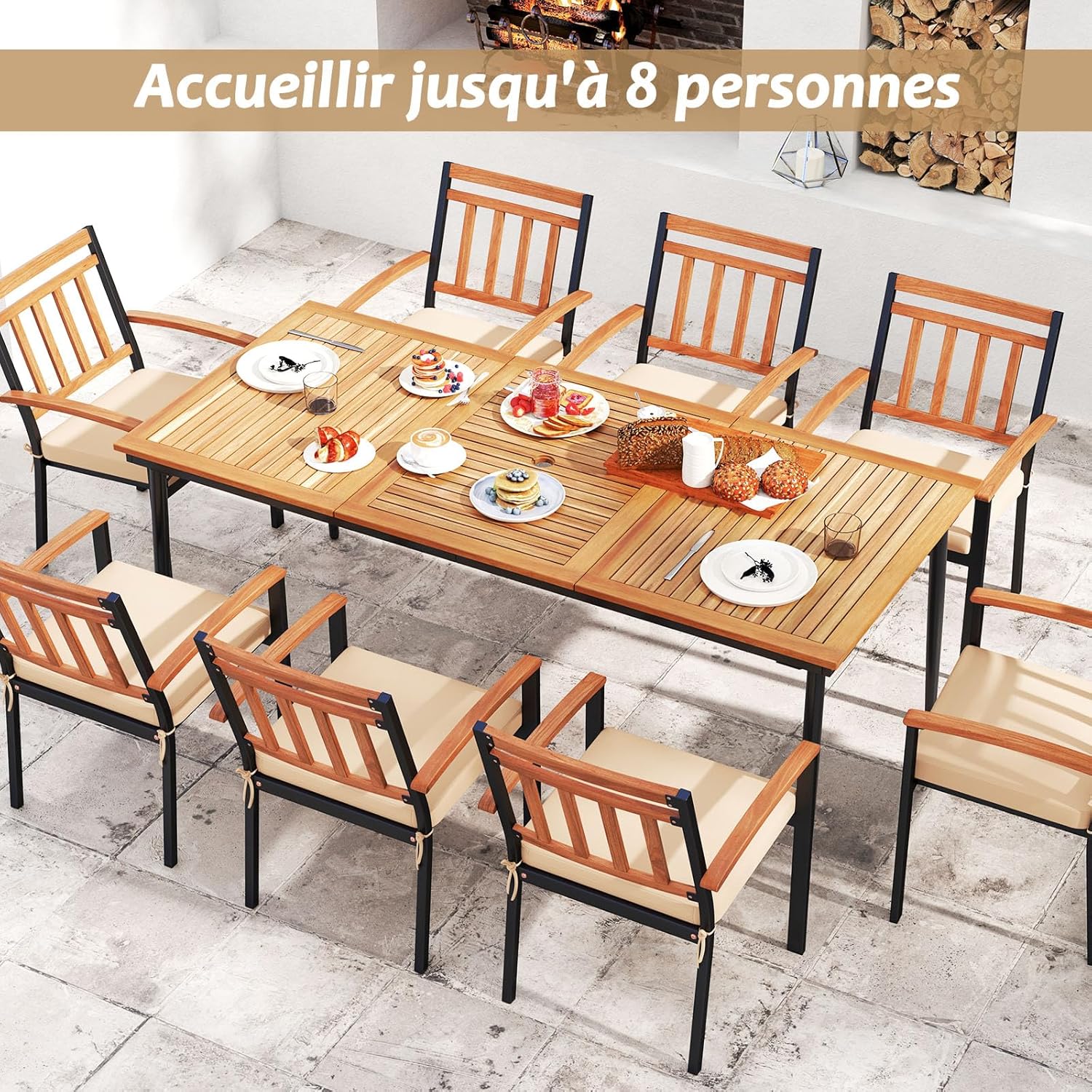 GOPLUS - Table de jardin 8 personnes - 190x90cm - bois acacia, trou parasol 5cm, pieds métal, charge 75kg