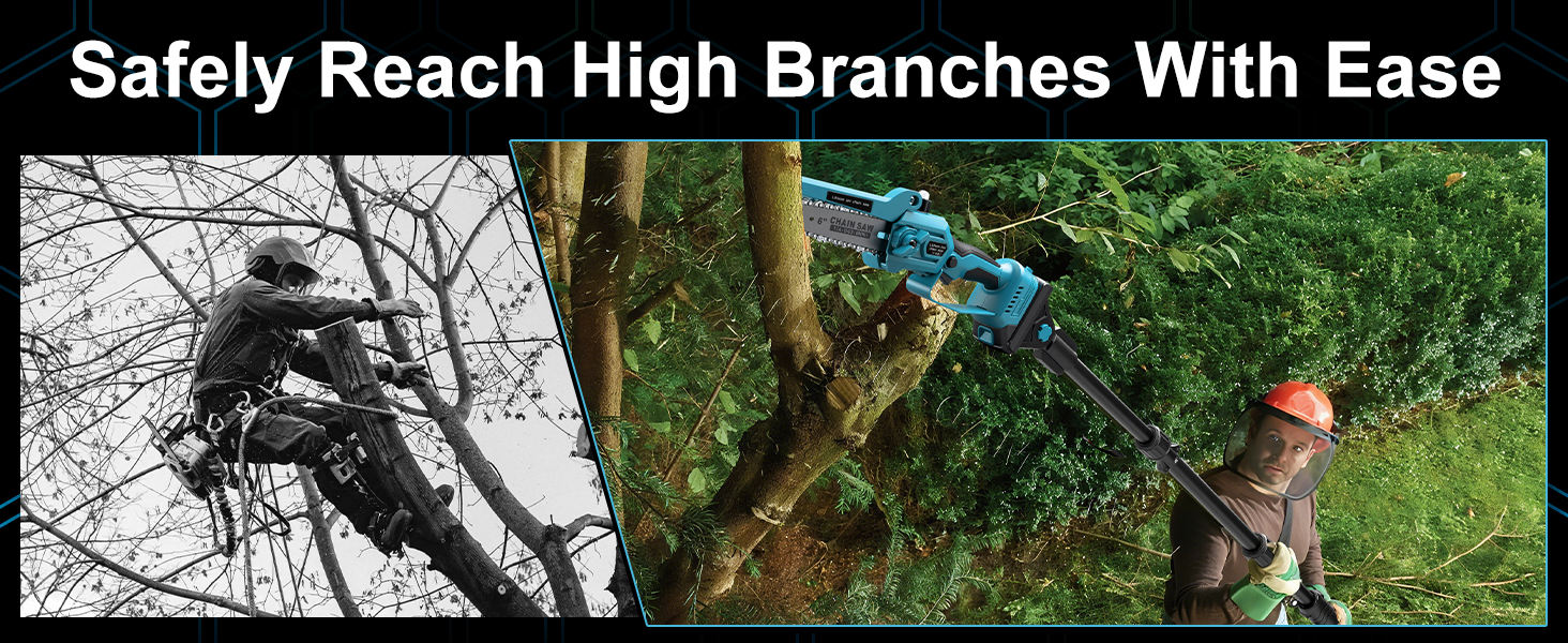 Le texte indique « Atteignez facilement les branches hautes en toute sécurité ». Images montrant des activités d'élagage d'arbres avec des outils étendus atteignant de hautes branches.