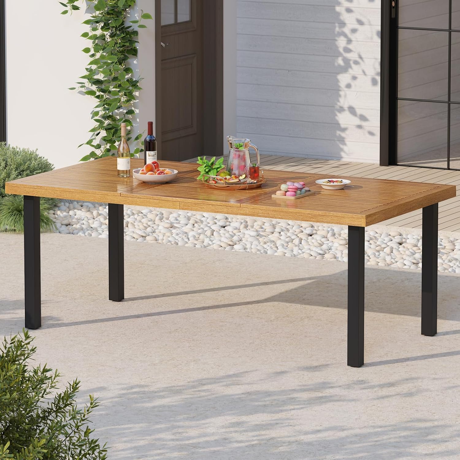 COSTWAY - table de jardin 200 cm - 8 pers. acacia métal, trou parasol