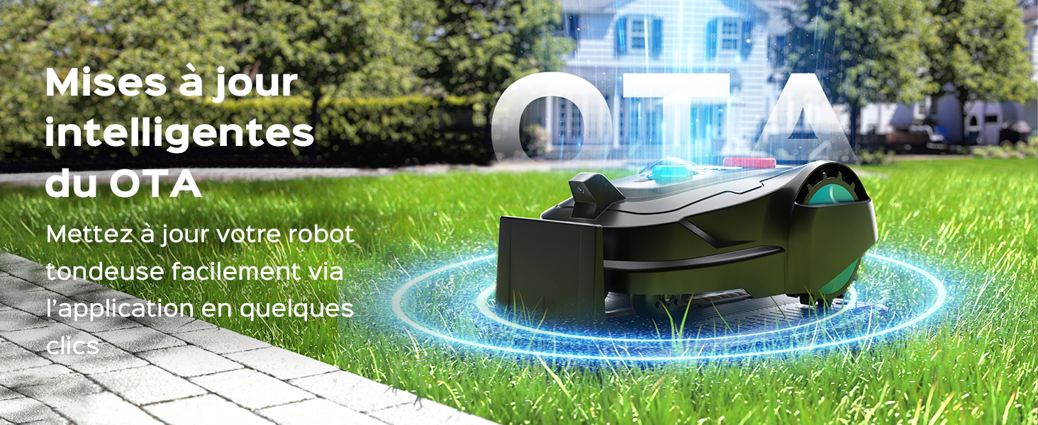 Le texte se lit comme suit : « Mises à jour intelligentes ». Série de trois scènes extérieures montrant une tondeuse à gazon robotisée opérant sur l'herbe et les allées avec des effets de surlignage bleu.