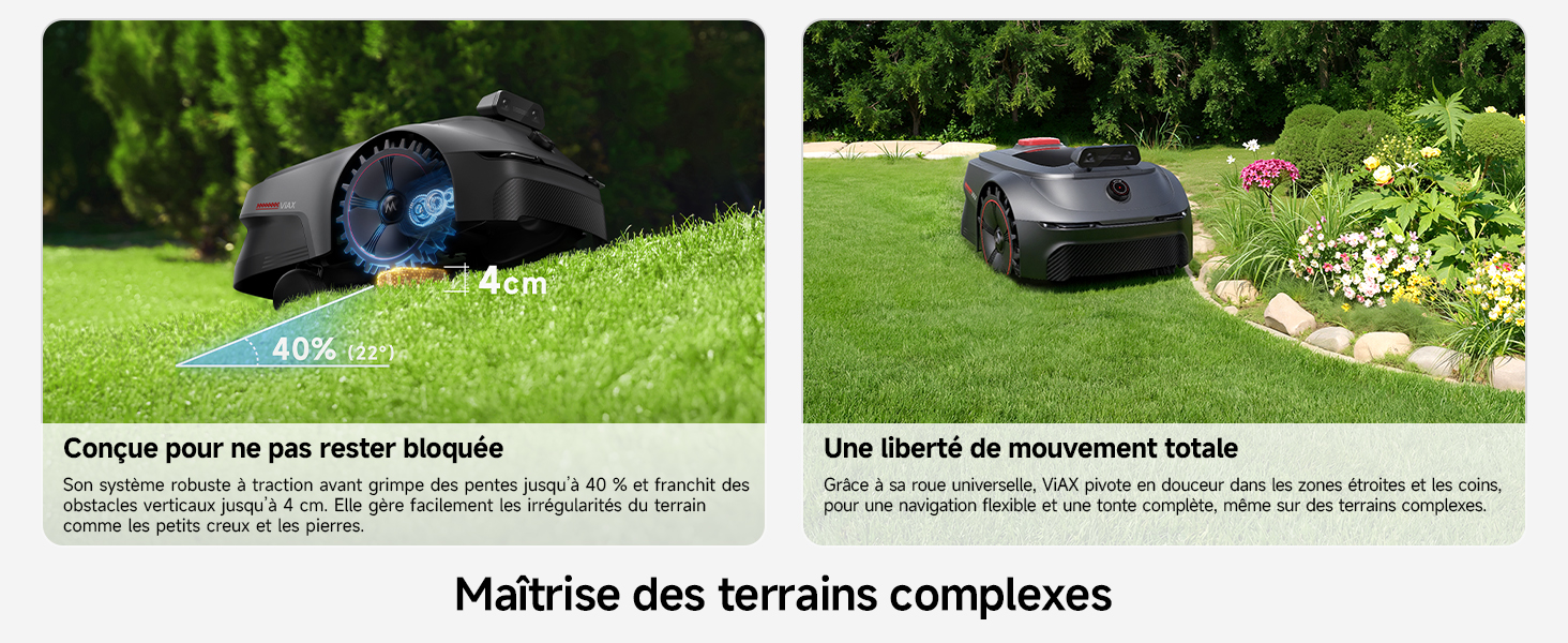 Le texte se lit comme suit : « Malheurs des tonaltes complètes ». Image divisée montrant des tondeuses à gazon robotisées fonctionnant dans des environnements de jardin.