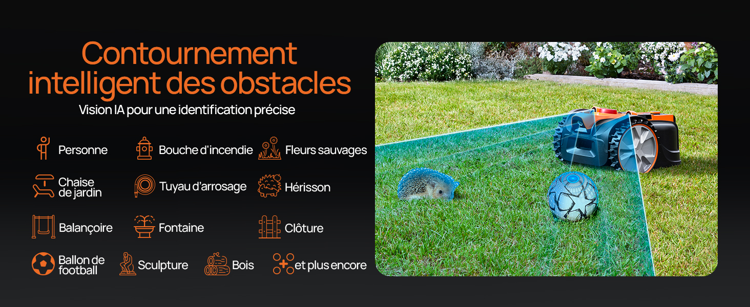 Le texte indique « Contournement intelligent des obstacles » avec du texte sous-titré et des icônes de fonctionnalités. Tondeuse à gazon robotique bleue contournant les obstacles du jardin sur l'herbe avec des fleurs bleues visibles.