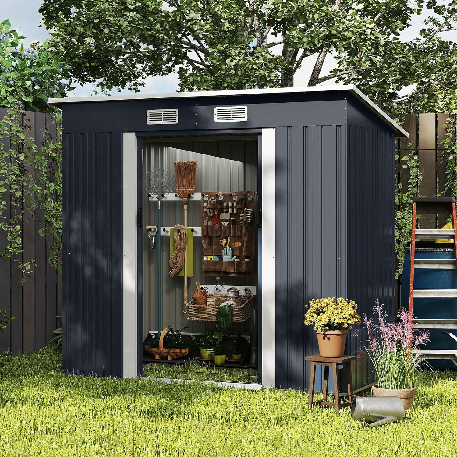 COSTWAY - Abri de Jardin métal - 2 m² - Porte coulissante, toit incliné, 4 aérations, fondation