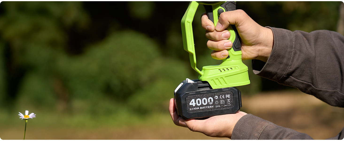Le texte indique « 4000+ ». Lampe de poche ou dispositif d'éclairage vert fluo brillant montré sous plusieurs angles en extérieur.