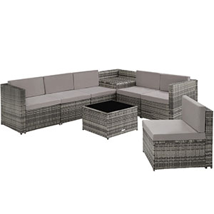 en osier gris. Comprend une pièce d'angle, des fauteuils et une table basse avec plateau en verre