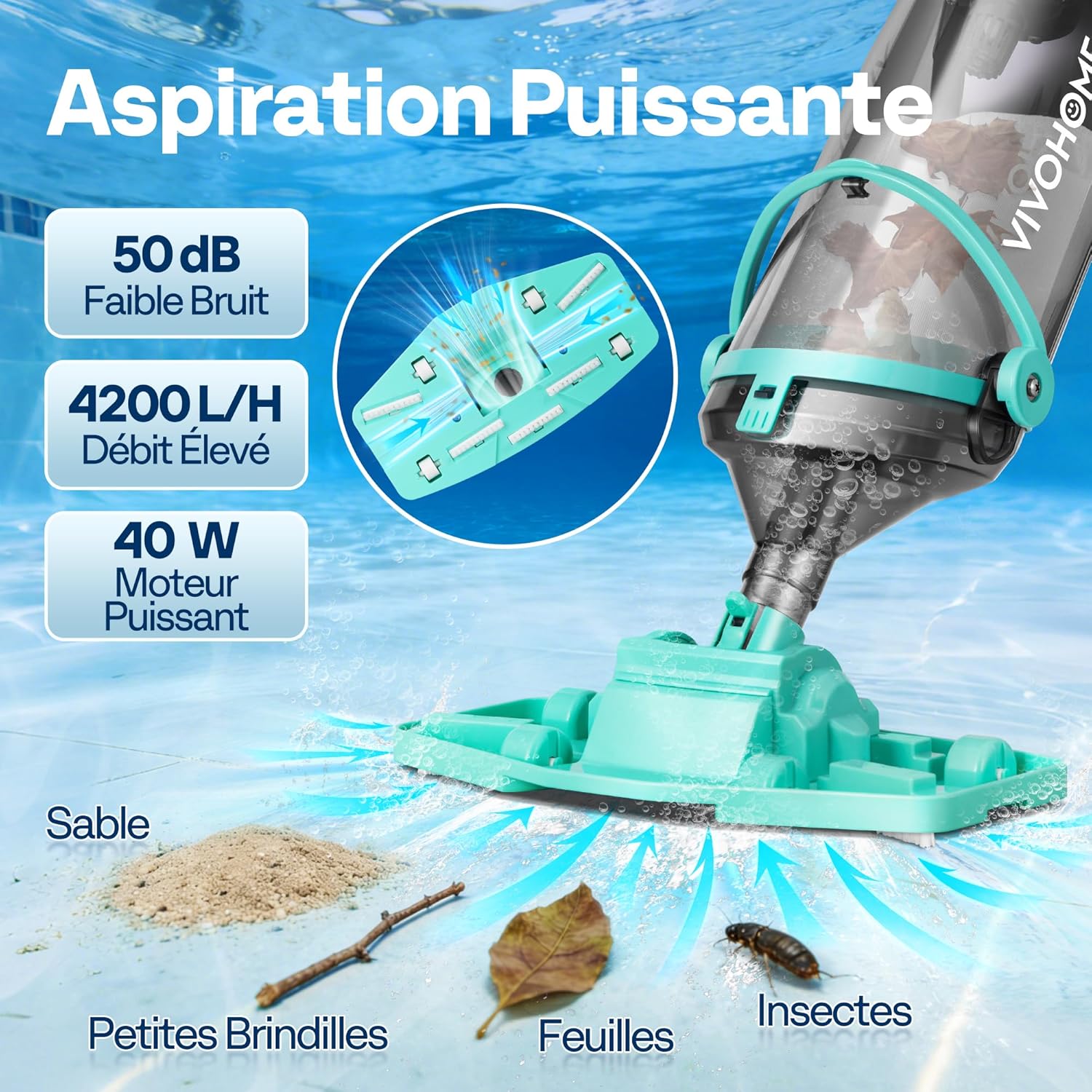 VIVOHOME Aspirateur Piscine sans Fil avec Perche Télescopique 278cm, Nettoyeur de Fond avec Indicateur de Batterie, Débit 4200LPH, Autonomie 60 Minutes pour Piscine Hors-Sol et Enterrée, Spa