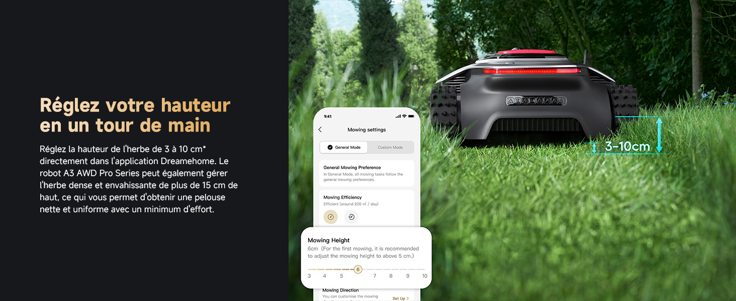 Le texte se lit comme suit : « Réglez votre hauteur en un tour de main ». Fond d'herbe verte avec interface pour smartphone affichant les paramètres de mesure ou de réglage.