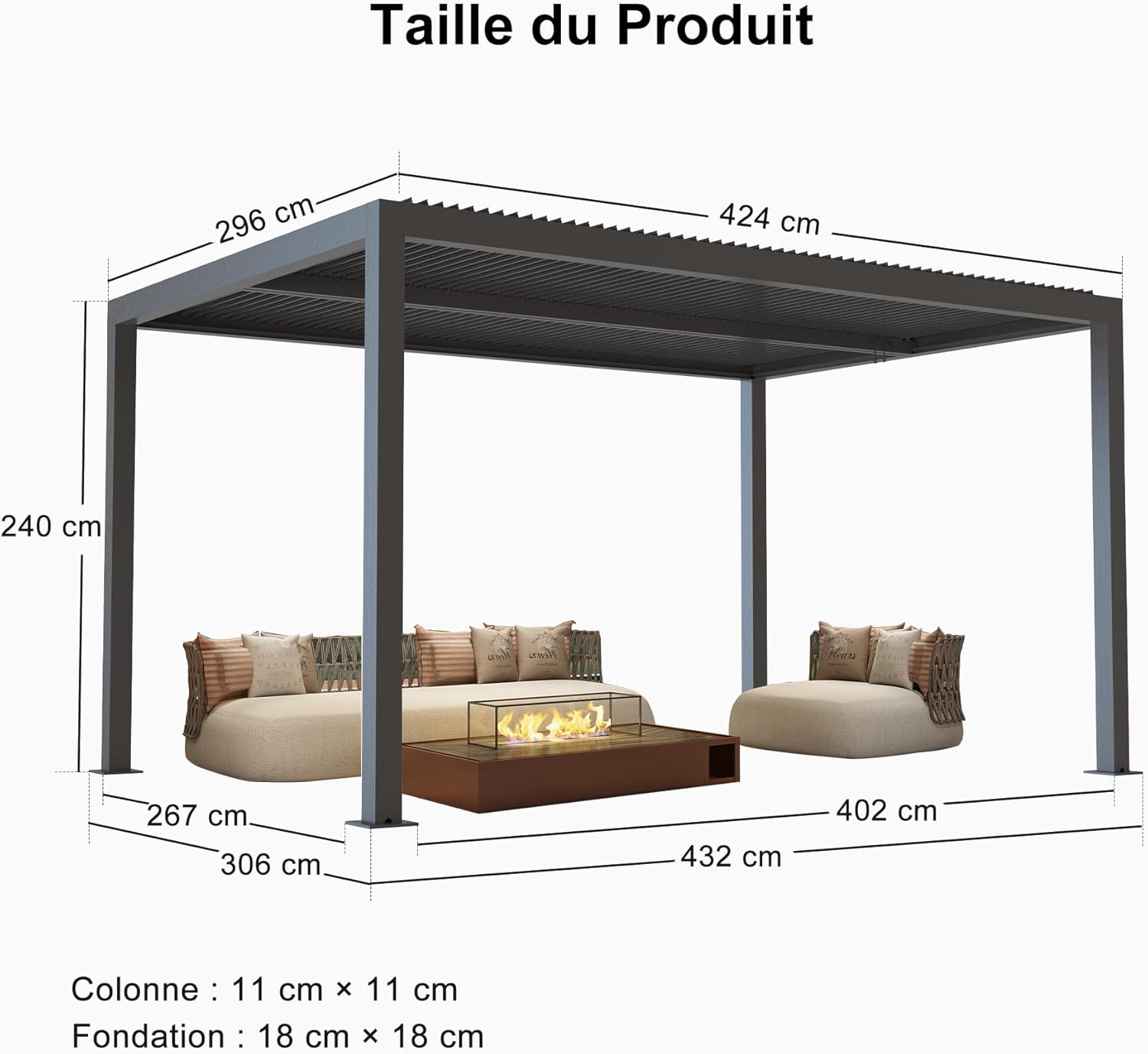 PURPLE LEAF - Pergola bioclimatique 4,24x3m, aluminium, lames orientables, éclairage extérieur, 12,72m², Gris