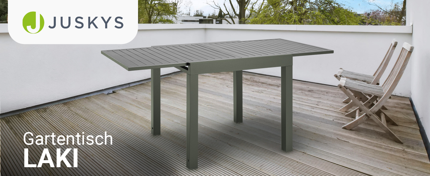 étiquetée « Gartentisch LAKI » de Juskys, présentée sur un patio avec une terrasse en