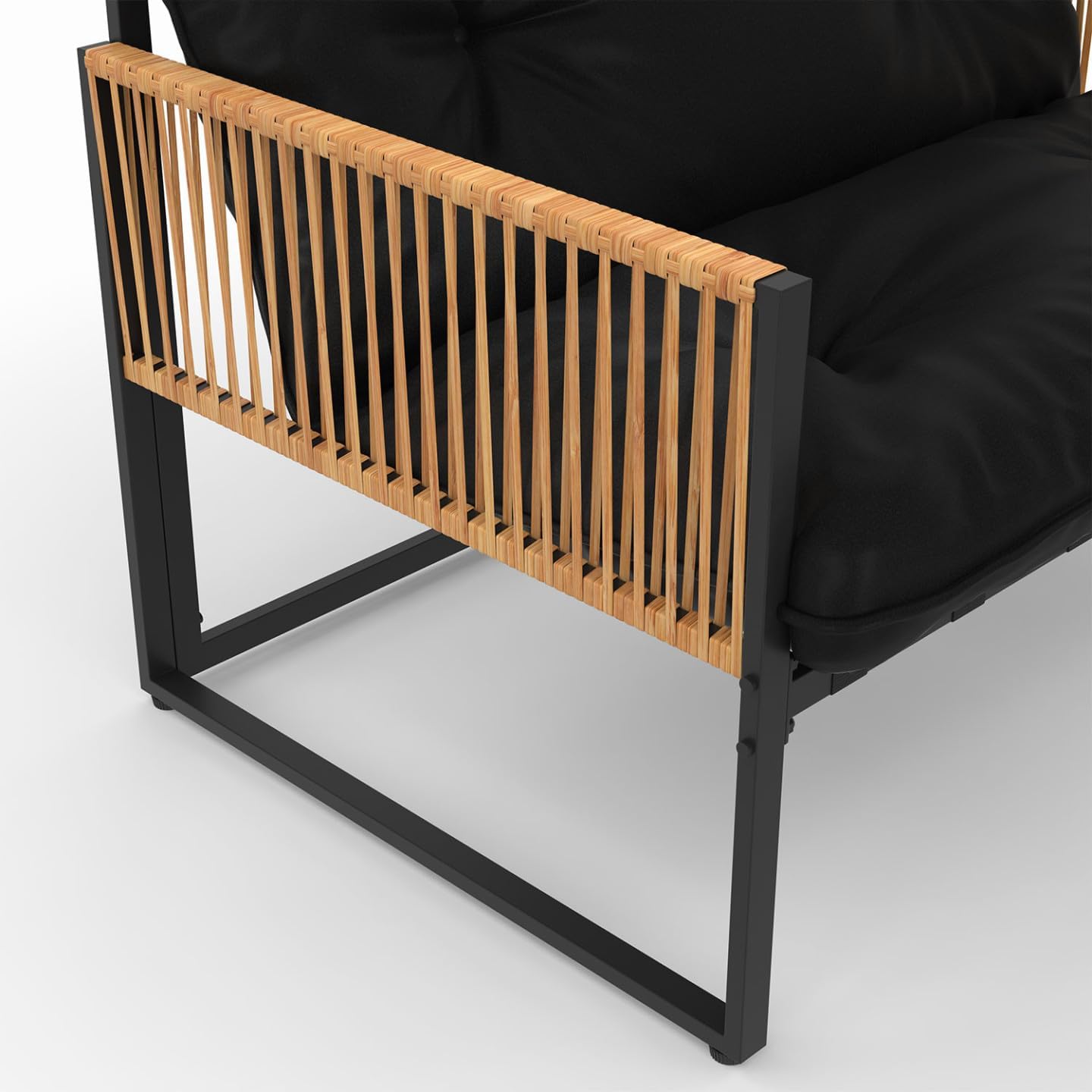 IDMarket - Salon de Jardin Bas Rio 4 Places - Structure métal noir, cordage rotin clair, coussins noirs