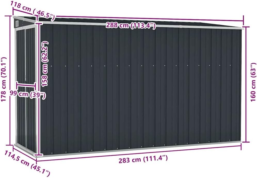Solivagant Abri de Jardin Mural Anthracite 118x288x178 cm Acier,(40.02 KG)