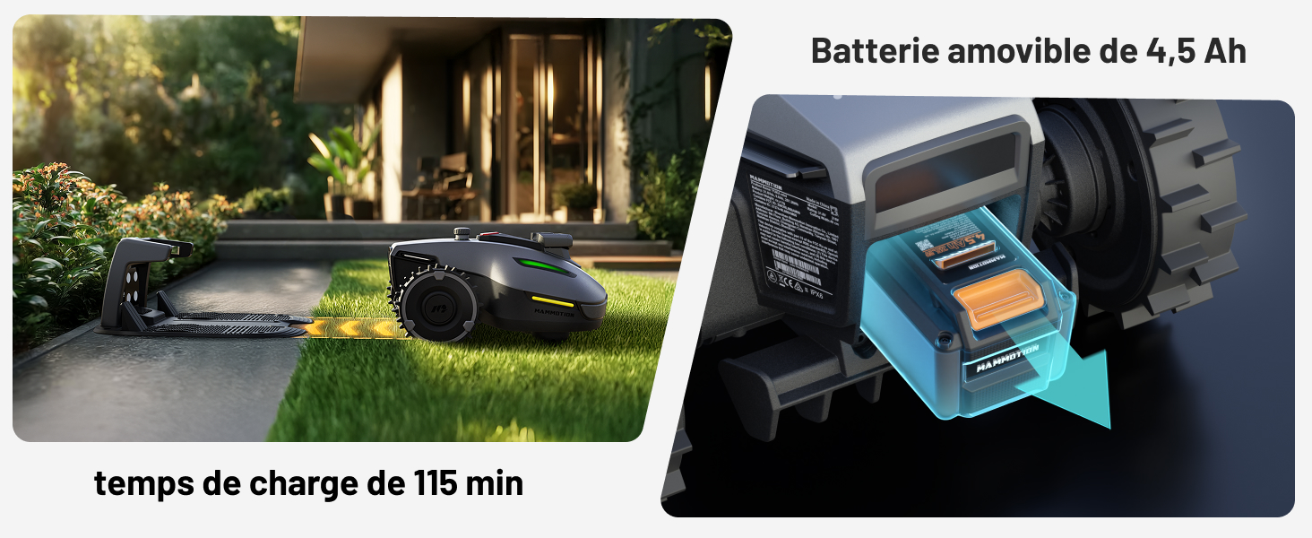 Le texte indique « temps de charge de 70 min » et « batterie amovible de 4,5 Ah ». Image divisée montrant l'allée du jardin et le schéma du mécanisme de charge de la batterie.