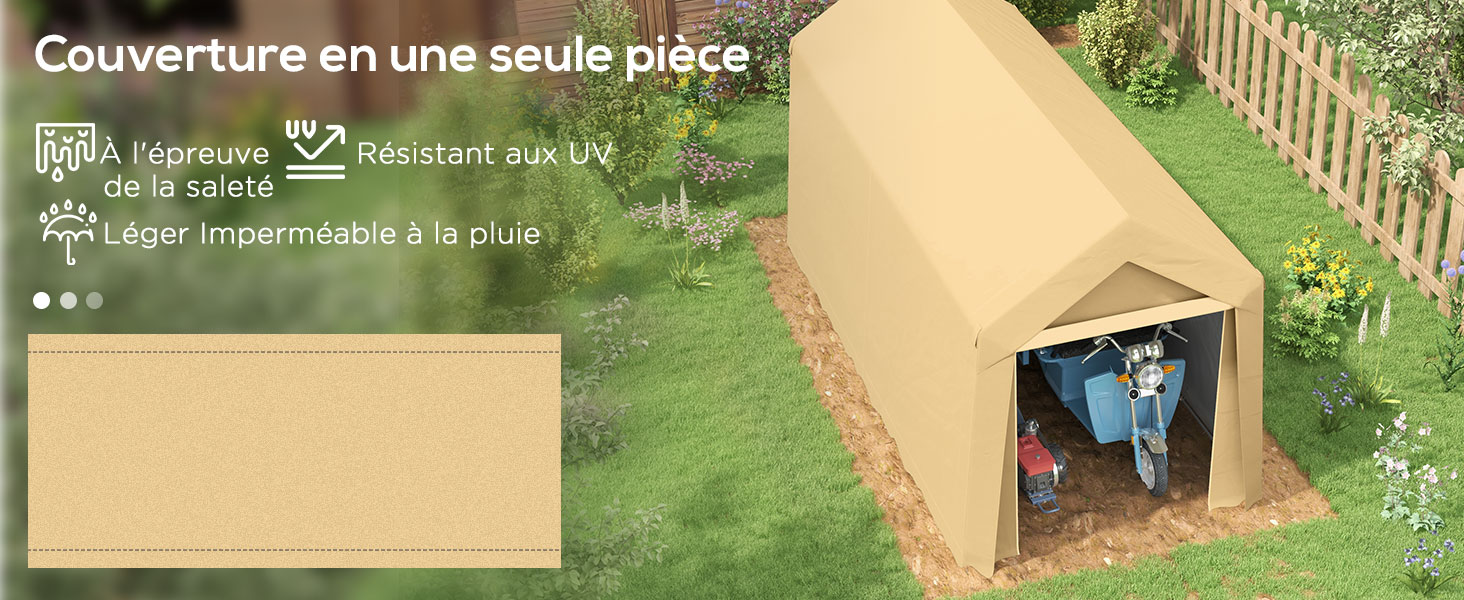 Abri extérieur ou structure de rangement avec revêtement de couleur beige, illustré dans une cour arrière gazonnée avec une clôture en bois. Texte en français visible dans le coin supérieur.