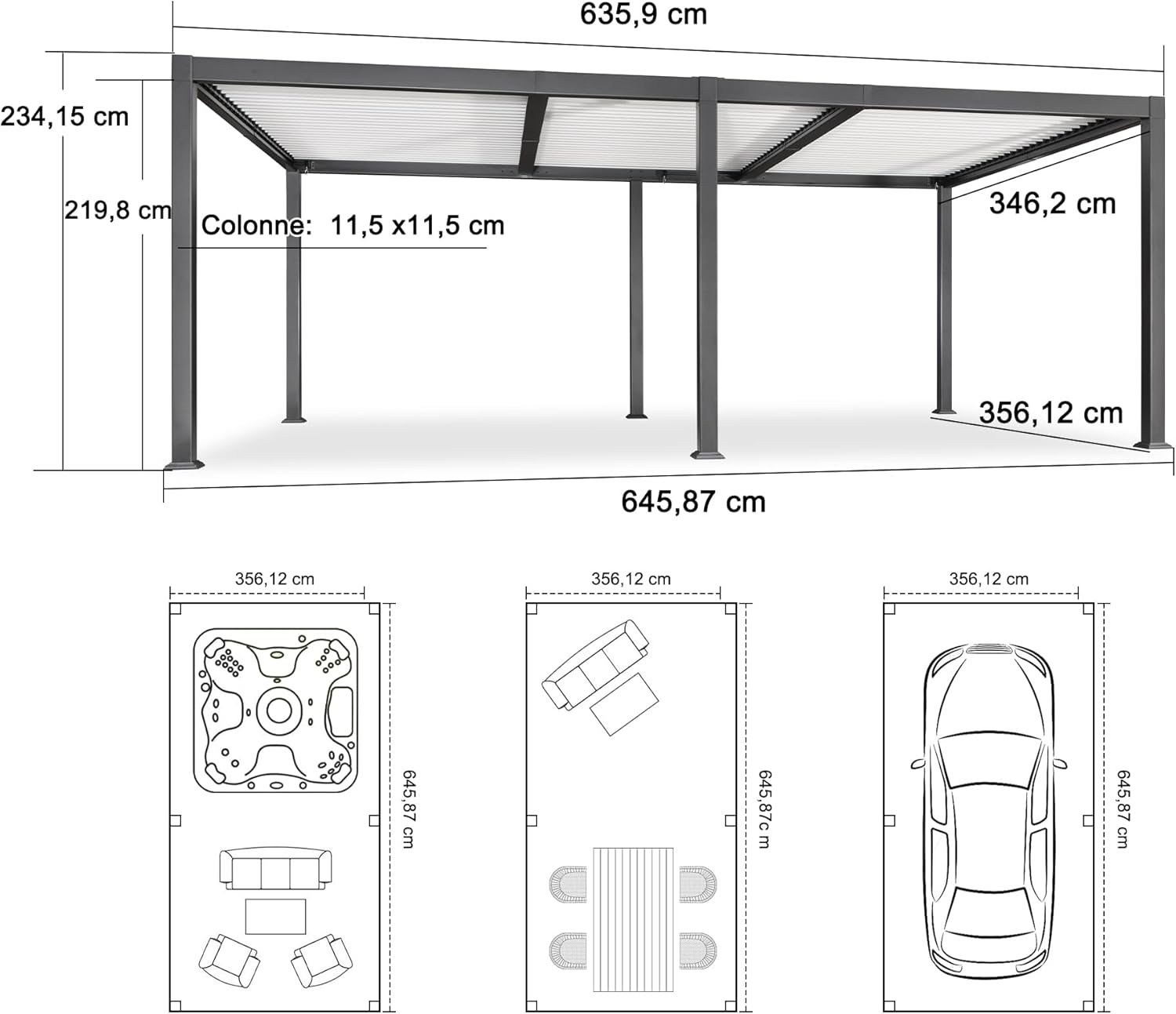 PURPLE LEAF - pergola bioclimatique - 6,35x3,5m - aluminium gris, poteaux blancs, lames orientables