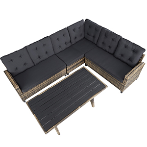 avec coussins gris foncé et structure de couleur claire. Comprend une table basse rectangulaire assortie.