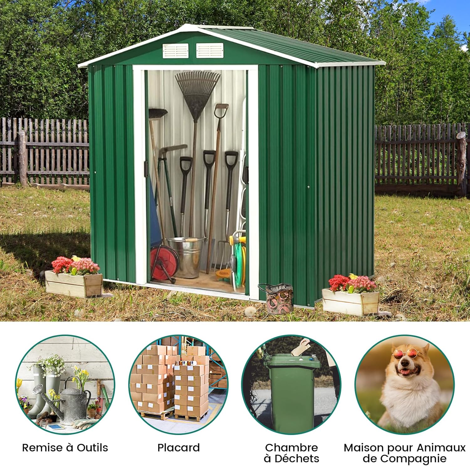 GOPLUS 2,37㎡ Abri de Jardin en Métal Galvanisé avec Base, Cabine de Jardin Extérieur Portes Coulissantes, 4,39m³, Résistant aux Intempéries, Cabane de Rangement à Outils, 213 x 127 x 185 cm, Vert