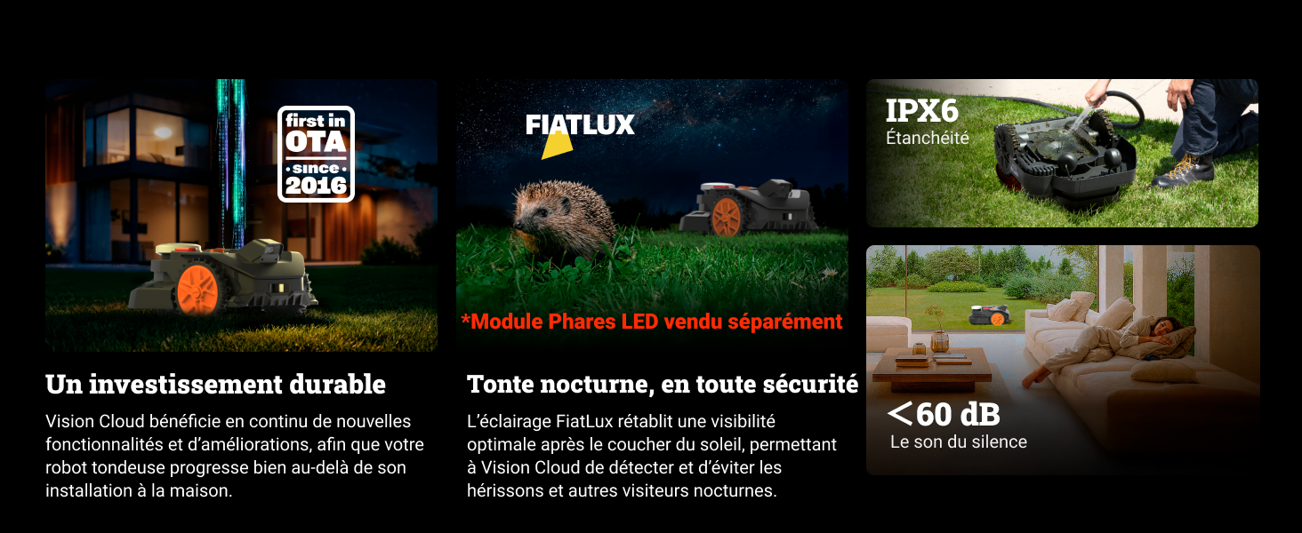 Spécifications techniques du produit avec indice « IPX5 » et indicateur de niveau de bruit « <60 dB » affiché dans une conception d'interface sombre.