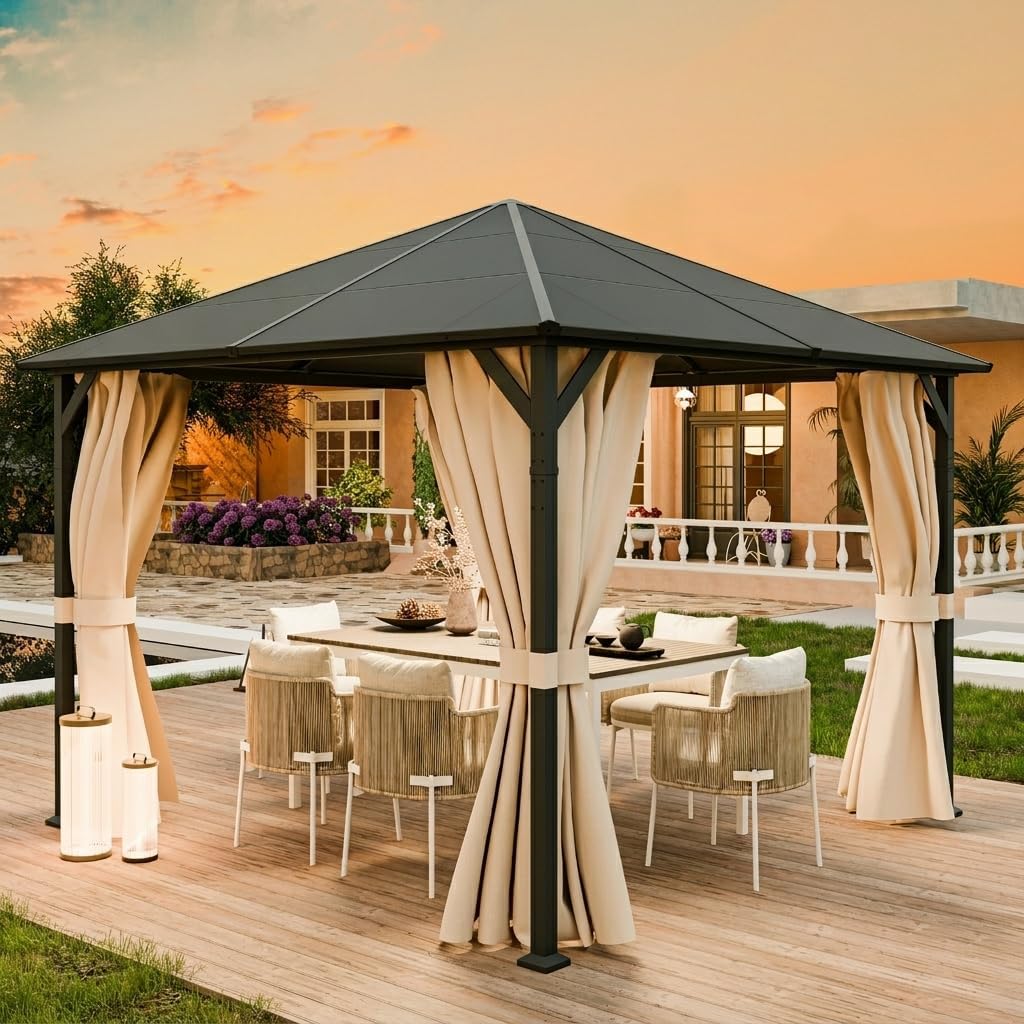 UDPATIO - Tonnelle de jardin 3x3m, imperméable, toit UV, rideaux, UDPATIO