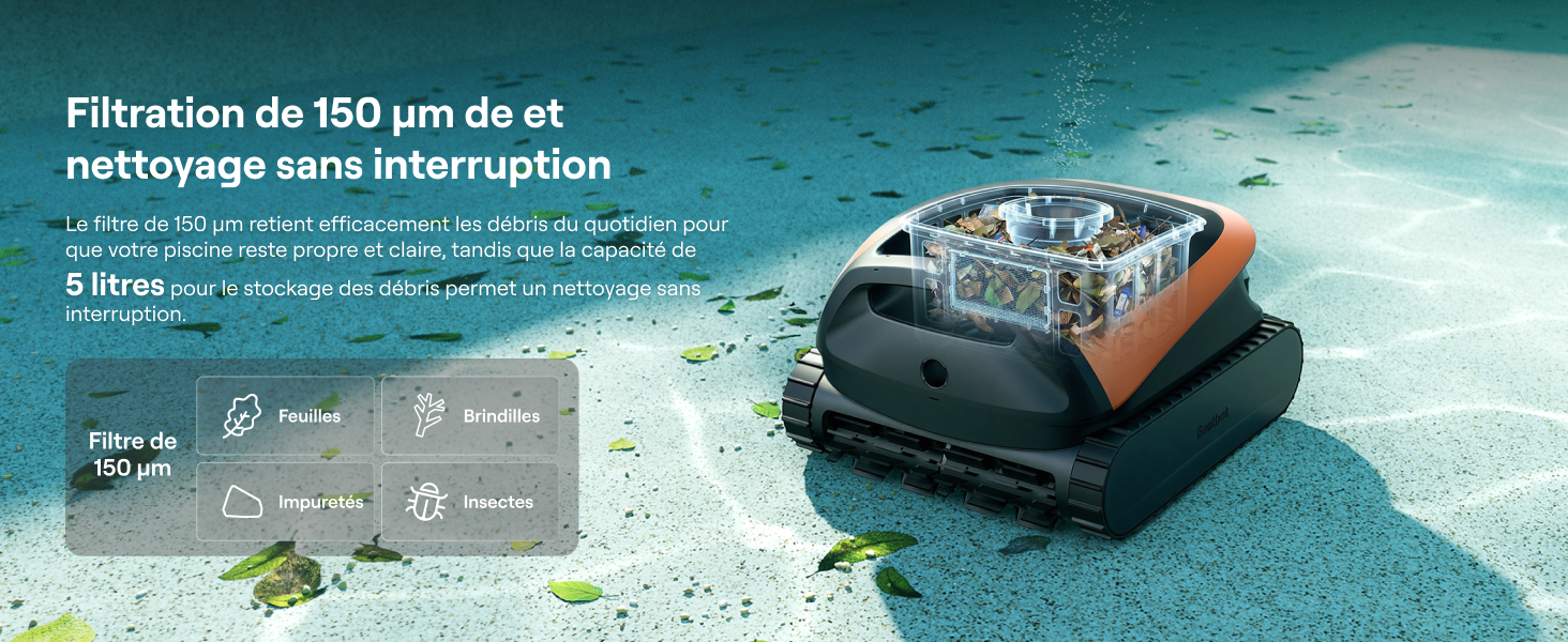 Le texte se lit comme suit : « Filtration de 150 μm et nettoyage sans interruption ». Scène sous-marine montrant un appareil de nettoyage de piscine en action.