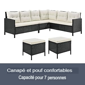 avec coussins blancs et deux poufs assortis. Le texte en français le décrit comme confortable pour 7 personnes.