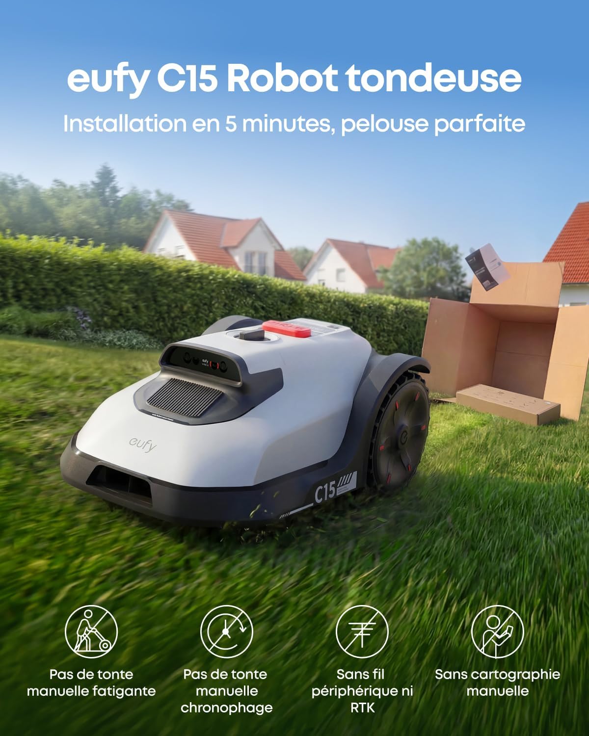 eufy - C15 robot tondeuse - 500 m² - garage, sans fil, détection obstacles, Ride-On-Edge