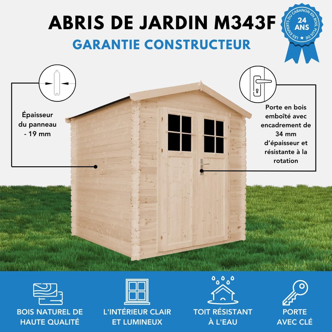 Abri de Jardin en Bois - Porte verrouillable de Haute qualité- Stockage extérieur I216xL206xH218 cm/ 3.53 m2 Petit abri à Outils, Local à vélos - Toit imperméable, fenêtres TIMBELA M343F