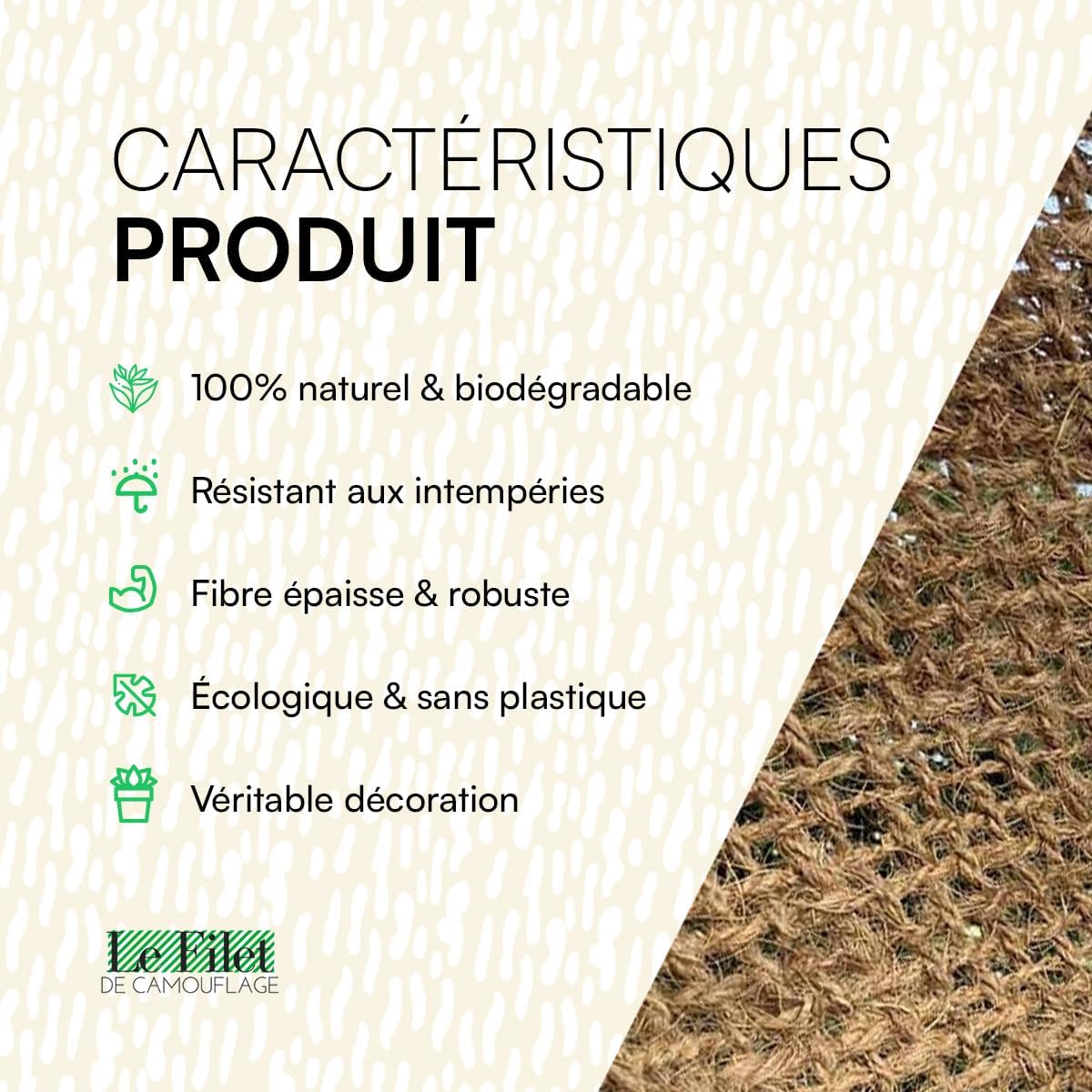Toile d'ombrage - fibre coco rectangulaire 4x4m, écologique, solaire