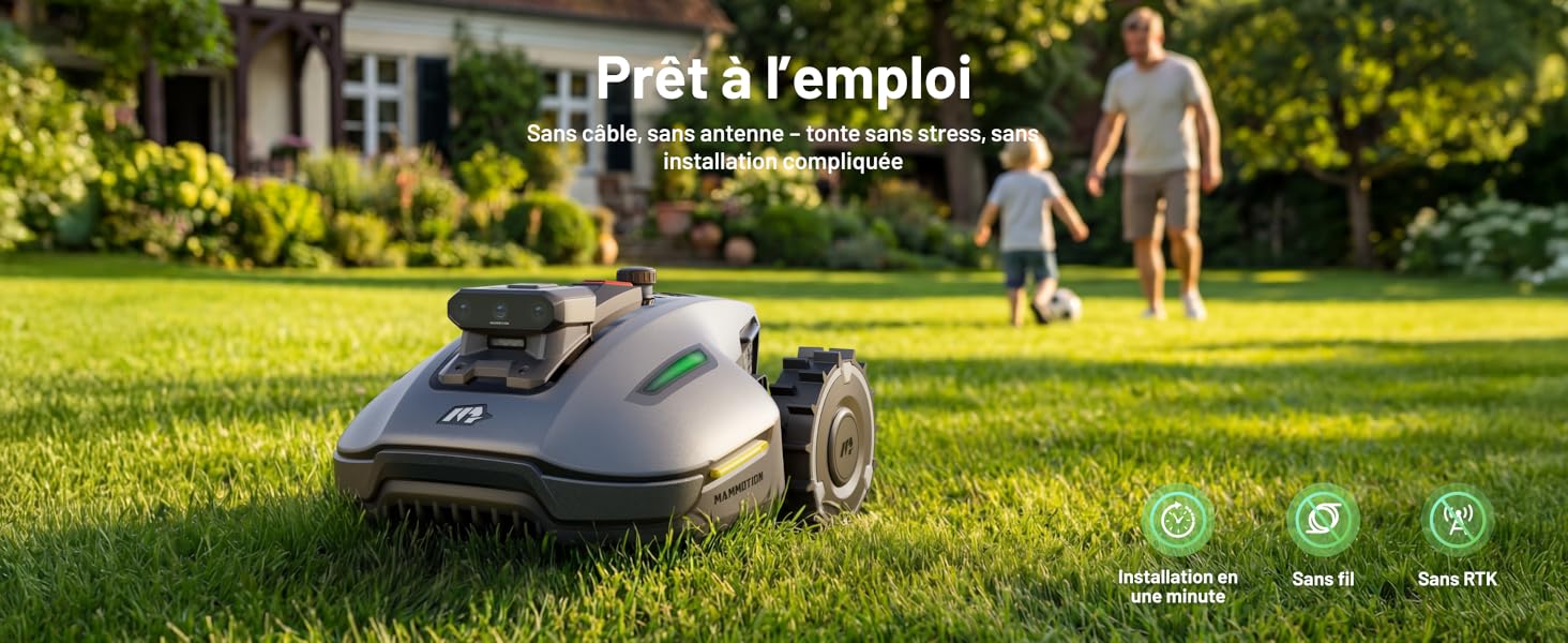 Le texte indique « Prêt à l'emploi ». Scène extérieure montrant une tondeuse à gazon robotique sur l'herbe. Le produit semble être un dispositif de tonte autonome dans le jardin.