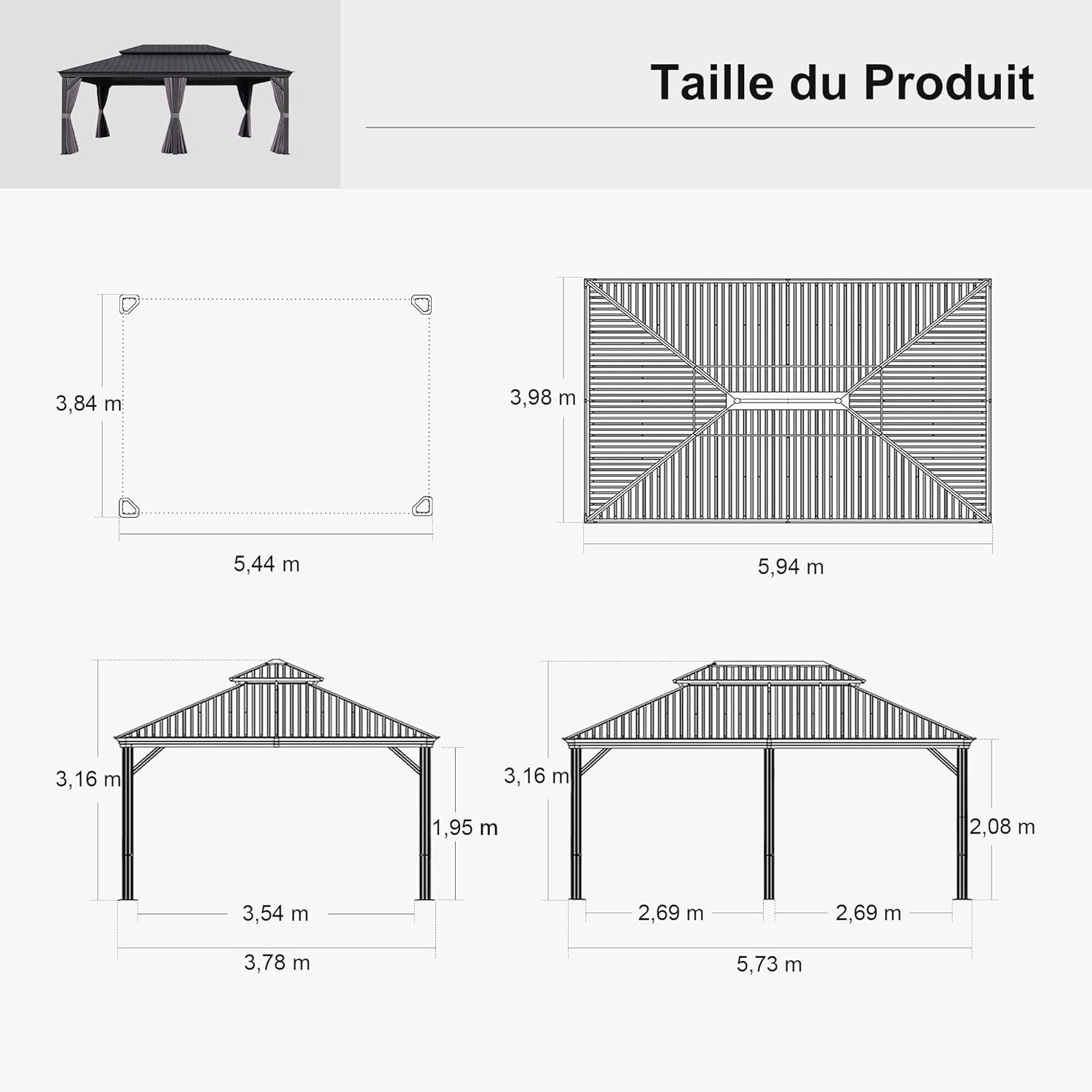 PURPLE LEAF - Pergola Série Extérieur - 6x4m - Toit acier, moustiquaire, rideaux, gouttière