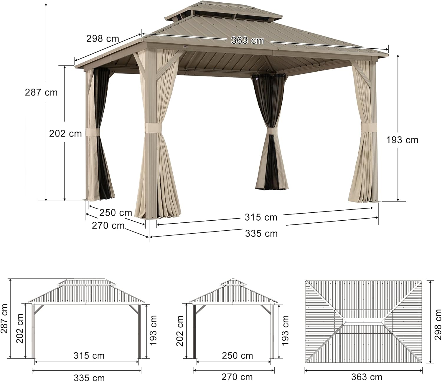 PURPLE LEAF Tonnelle de Jardin Extérieur 3,65 x 3 m avec Éclairage Extérieur, Pergola Aluminium à Toit Rigide en Acier Galvanisé, Pavillon Imperméable pour Camping, Fête, Barbecue, Champagne