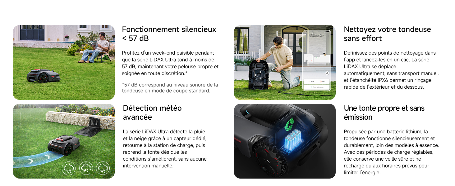 Série d'images pédagogiques montrant le fonctionnement et l'entretien d'une tondeuse à gazon robotisée, avec plusieurs panneaux contenant du texte et des photos de l'appareil en extérieur.