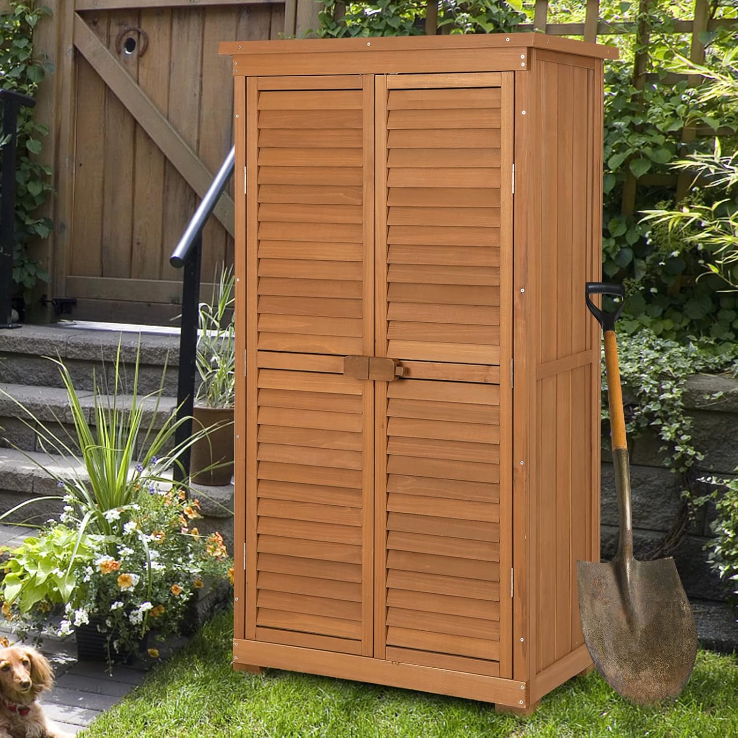 COSTWAY - Abri de jardin 160 cm - Bois, toit asphalte, 2 portes verrouillables, étagères amovibles