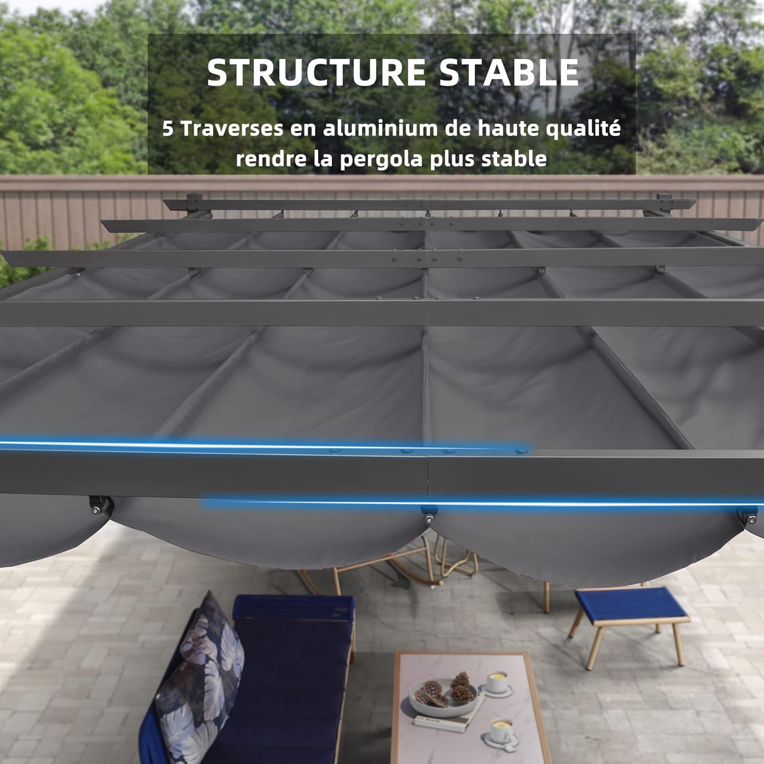 PURPLE LEAF - Pergola LED série - 4x3 m - aluminium, toit rétractable, tissu teinté