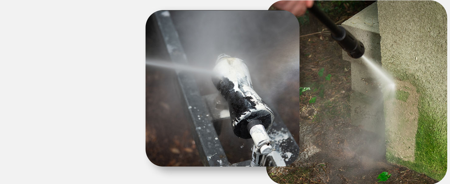 La buse du pulvérisateur d'eau haute pression en action émet un puissant jet d'eau contre une surface. Gouttelettes d'eau et brume visibles entourant le spray