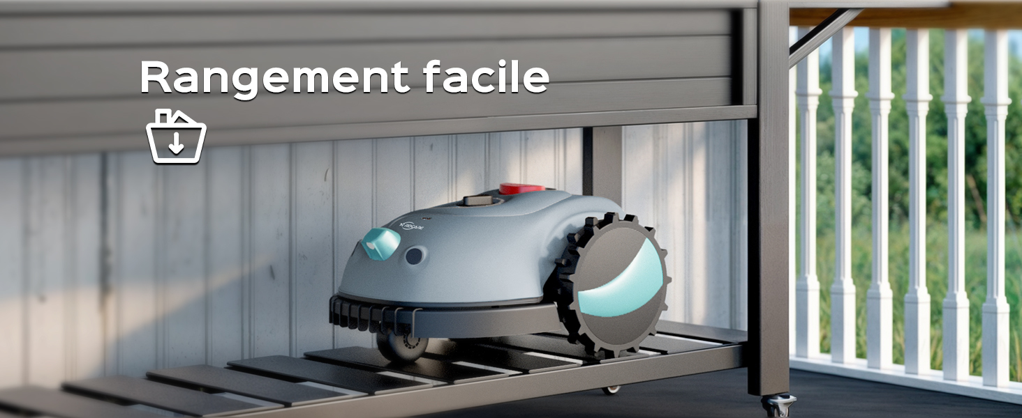 sur une étagère de rangement à l'intérieur d'un cabanon. Carrosserie grise avec accent bleu, grandes roues. Le texte ci-dessus indique « Rangement facile » avec l'icône de la laveuse